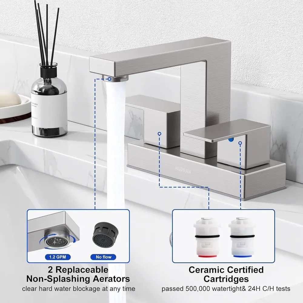 صنبور حوض من النيكل المصقول مقاس 4 بوصات مع خطوط تصريف وإمداد منبثقة، تركيبات زينة من الفولاذ المقاوم للصدأ بمقبضين، عبوتان #4
