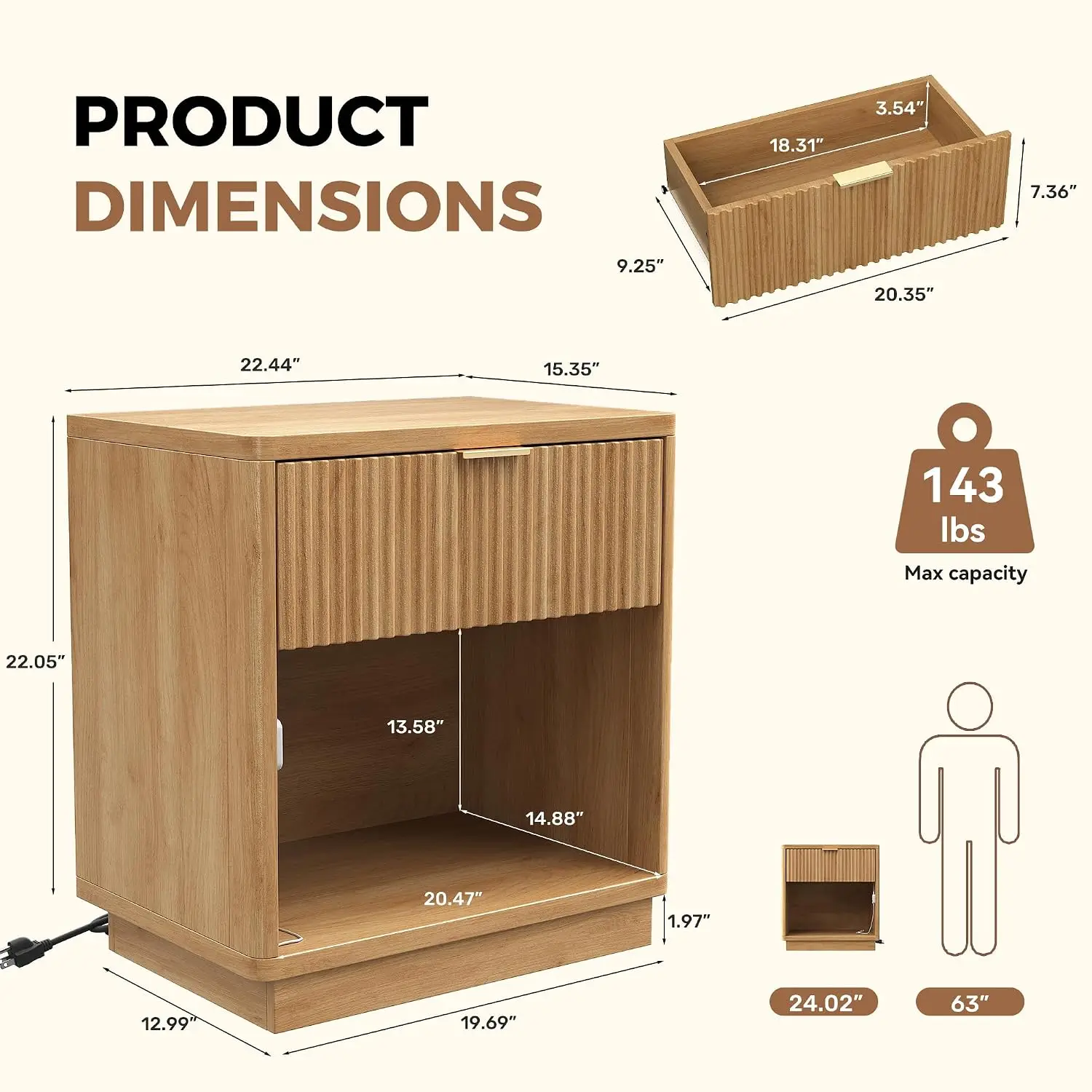 Fluted Nightstand With Charging Station & Sensor Light, Rounded Edge Farmhouse Bedside Table, 22