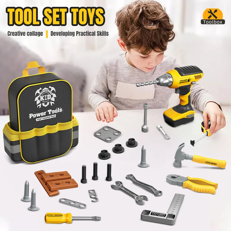 

Childrens toolbox set simulated repair tool toy with electric drill, and bag for boys birthday and holiday gifts
