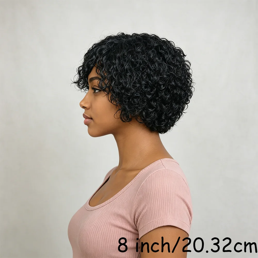 Black Short Kinky Curly Bob Wig with Bangs Natural Looking Human Hair Full Machine Made Voluminous Loose Corkscrew Curly Wig