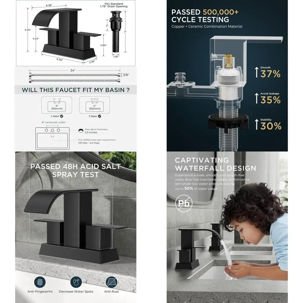 

4-дюймовый матовый черный смеситель для ванной комнаты с водопадным изливом, квадратным дизайном раковины, металлическим выдвижным сливным клапаном и подводящими трубами, двойной выпуск