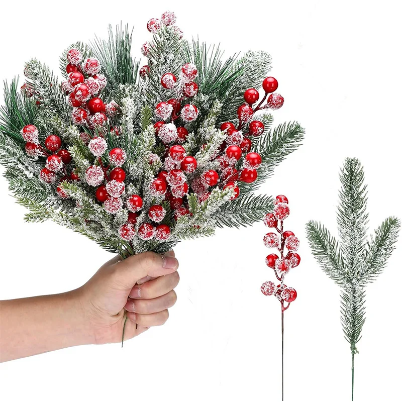

5/10Pcs Christmas Decor Artificial Pine Needle Branches Simulation Red Holly Berry for Xmas Wreath Decor Home Decor 2026 Navidad