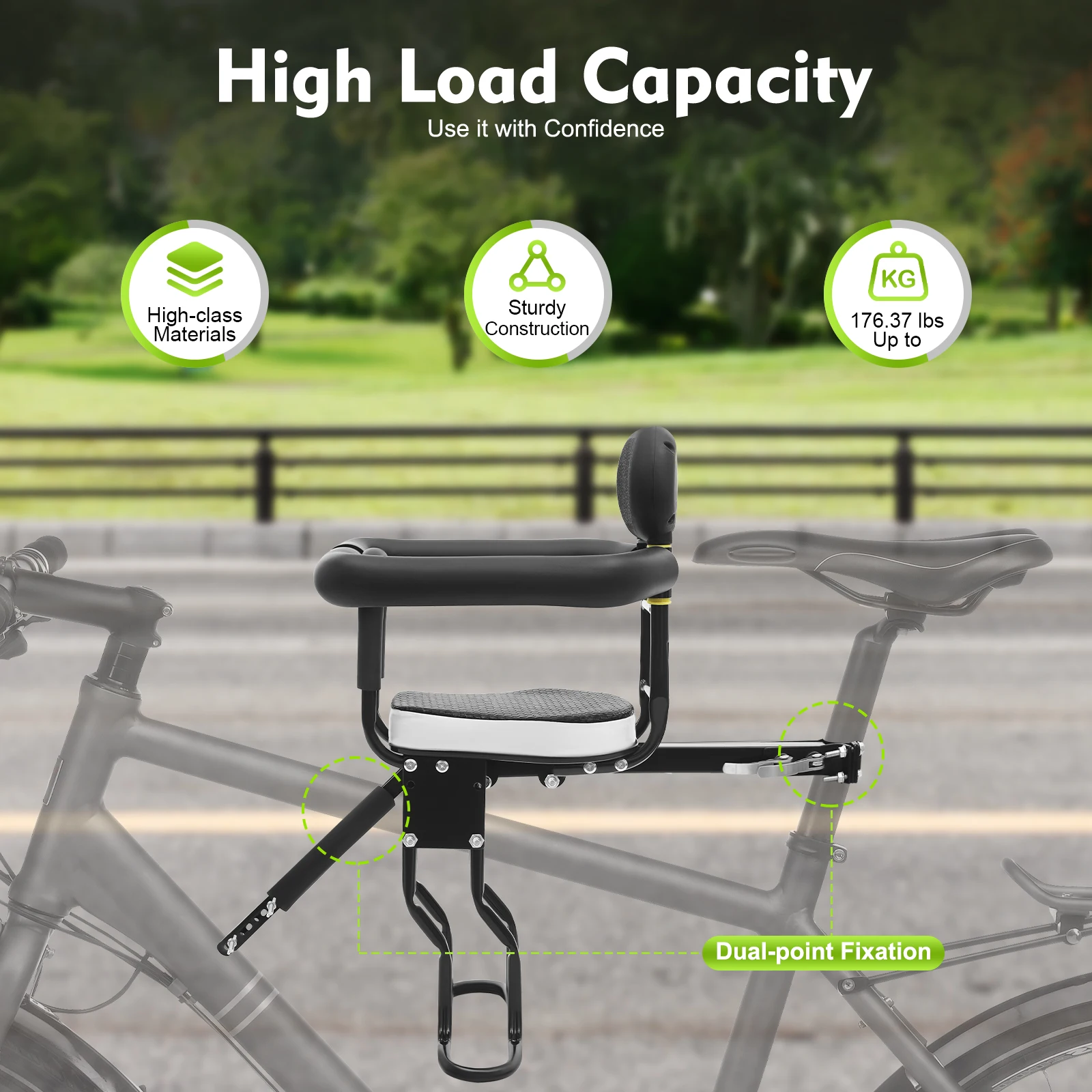 

НОВЫЙ передний детский велосипедный сиденье-коляска с поручнями и подставкой для ног, для детей от 1 до 5 лет, максимальная нагрузка 176 фунтов (80 кг)