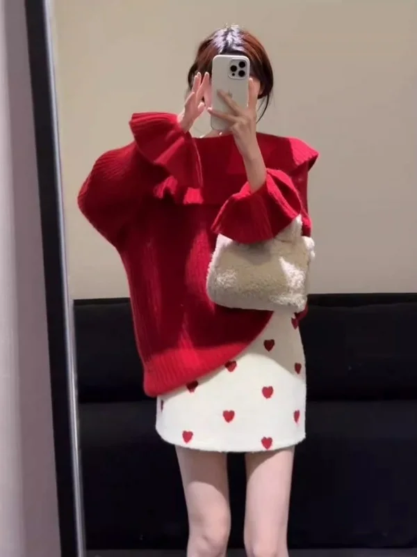 Nouvel an Aosphère rouge une épaule pull femmes vêtements d'extérieur d'hiver haut tricoté trajet Sle coupe ample longue Sve