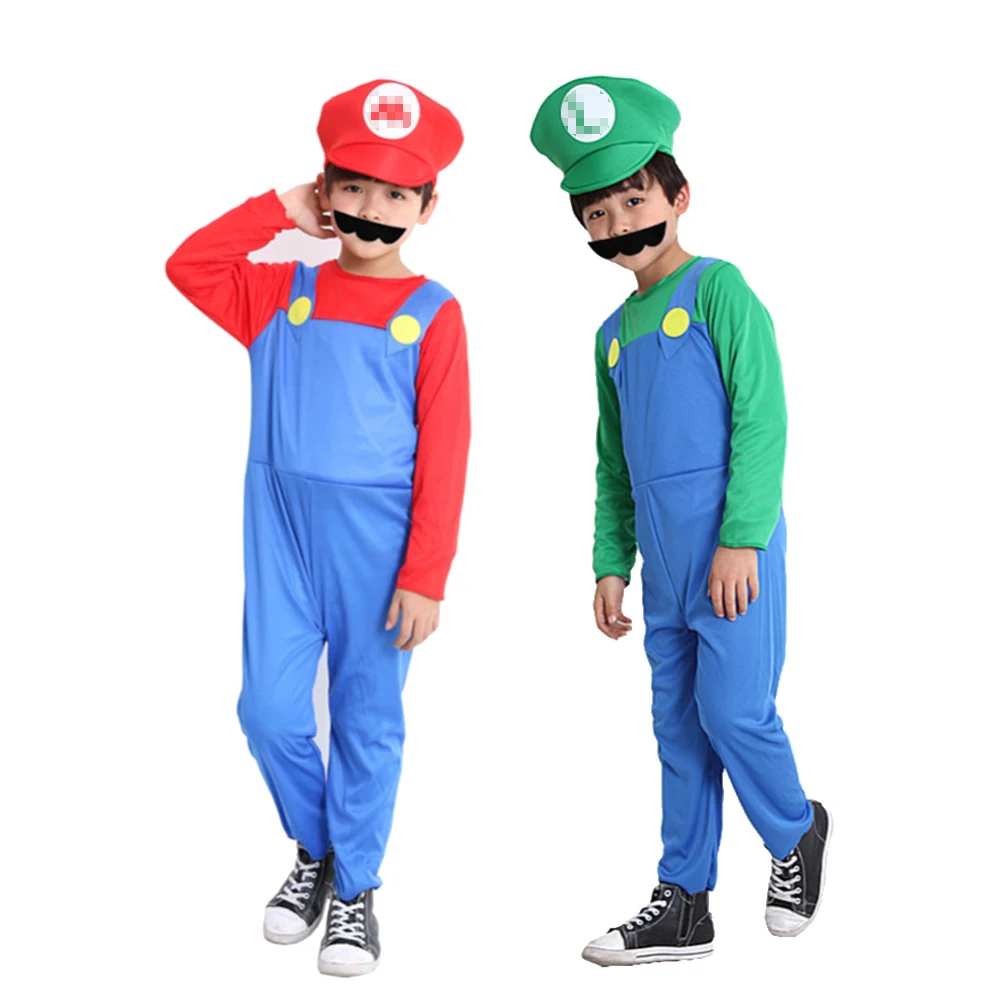 Anime Pumber Luigi Brothers Cosplay Costume Marios boy Jumpsuit Beard Hat Set Halloween Costume