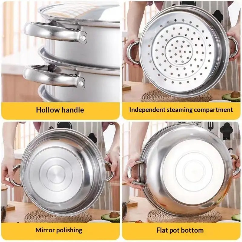 New Stainless Steel Single/Double-Layer Steamer Basket Strainer Pot Steaming Grid Thickened Generic Food Steam Rack Home Cooking
