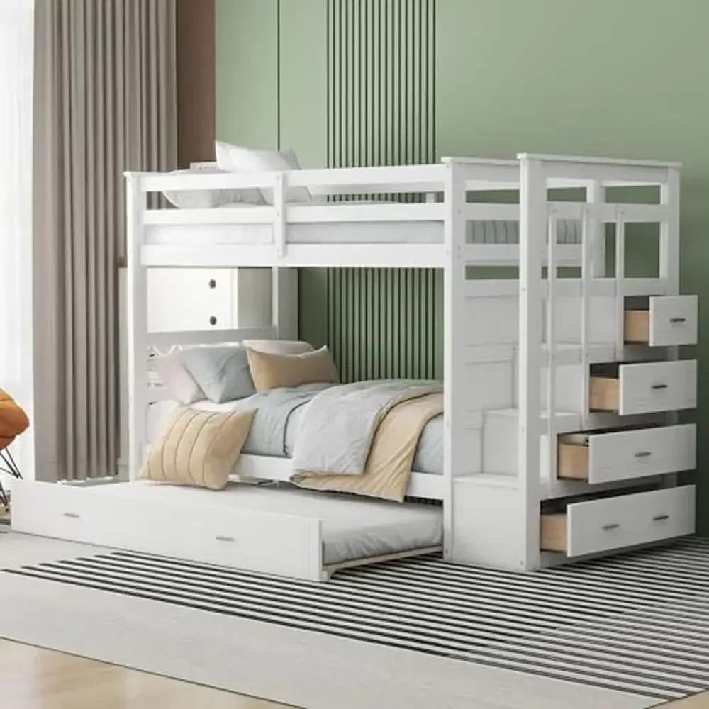 Solid Wood Twin Over Twin Bunk Bed with Stairs Trundle  Storage Drawers Safe Rails  Sturdy  ,foldable bed with mattress portable