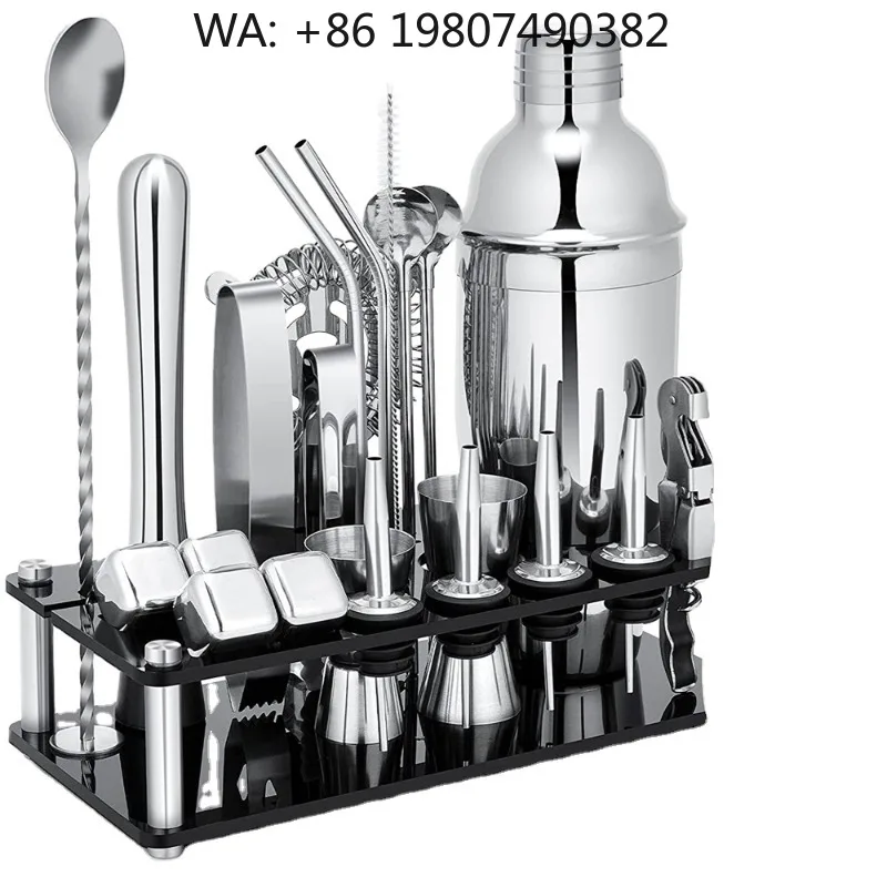 24Pcs All In One Stainless Steel Cocktail Shaker Barware Kit Full Mixology Tools With Display Stand For Home Bar Hotel Party Use