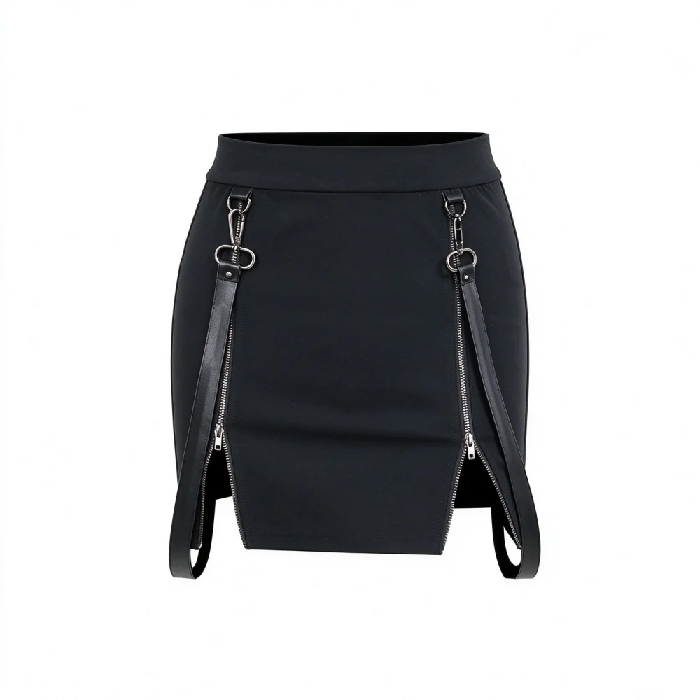 Gothic Harajuku Y2K Women Black Tight Skirt Double Zipper Hip Split Kawaii Vintage Streetwear Casual Skirt