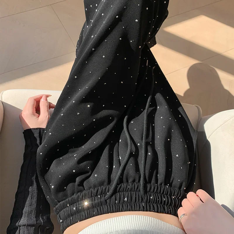 Vintage Rhinestone Casual Bell Bottoms Women's Spring Summer Loose Fit Slimming Lazy High-Waisted Draped Sport Pants