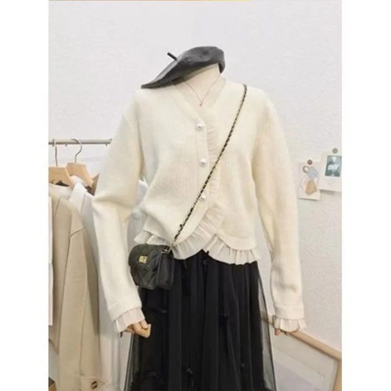 Spring New Lace Patchwork Round Neck Long Sleeved Knitted Cardigan Autumn Fashionable Commuting Casual Versatile Top Coat