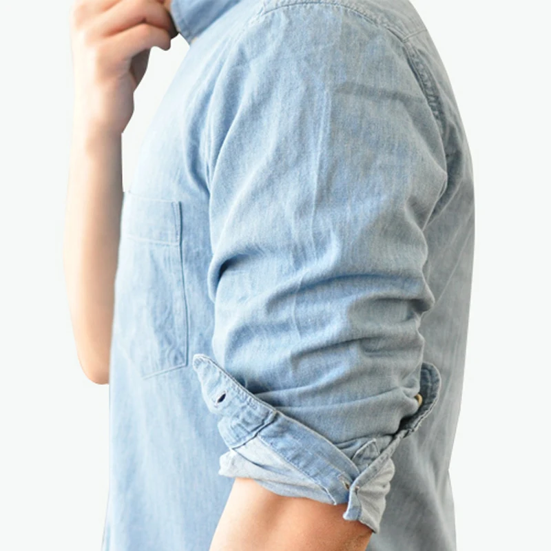 SauceZhan Chambray shirt men shirt long sleeve Denim Shirt Cotton Casual Wash Shirt Mens Dress Shirts Jeans Shirts Slim