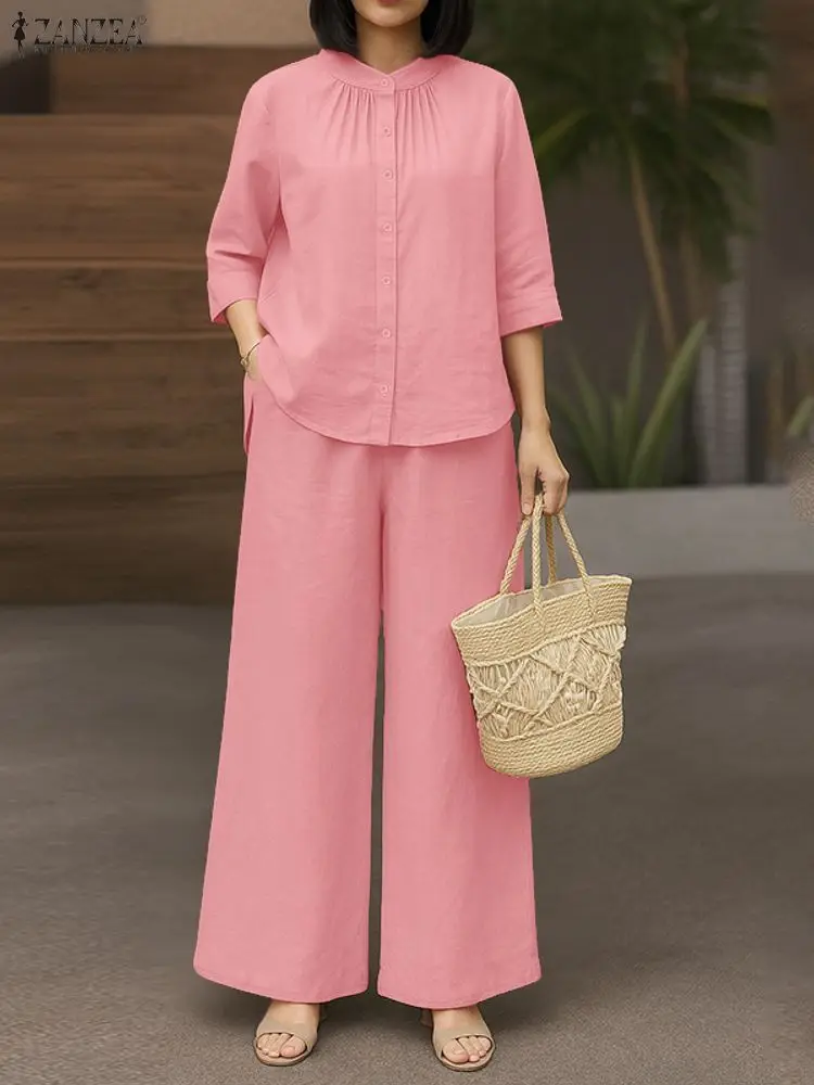 

2025 ZANZEA, женские винтажные брючные костюмы с длинными рукавами, осенние комплекты из 2 предметов, брючный костюм, повседневный спортивный костюм, однотонная рабочая одежда
