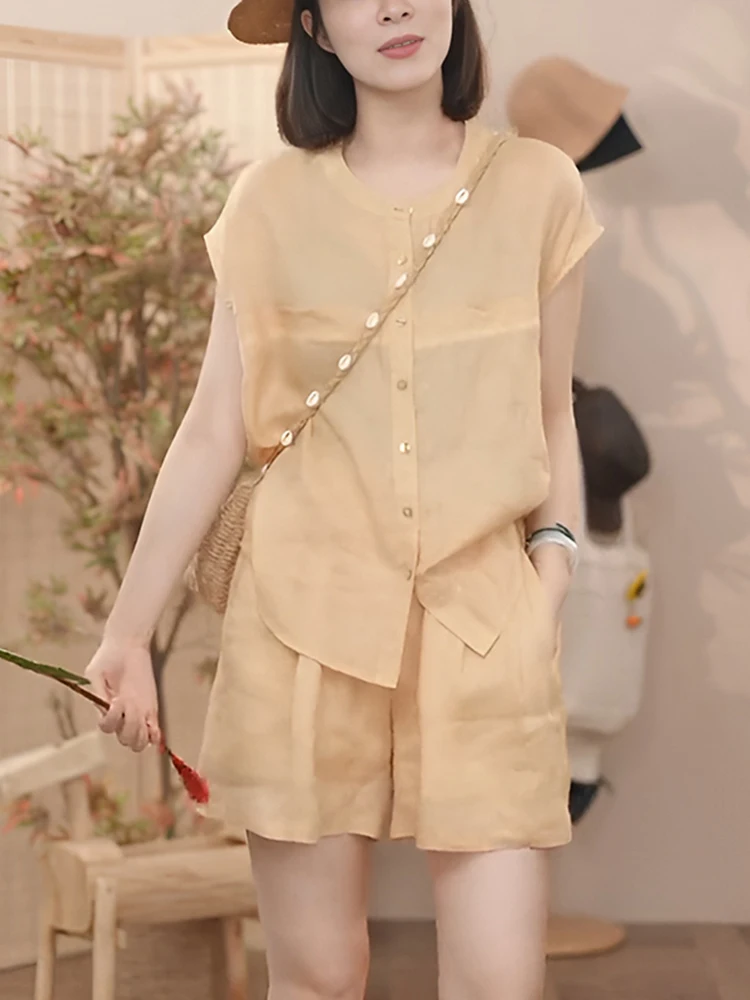 Women's Summer Linen Set Sleeveless Casual Fashion Short Sleeve Shorts Two-Piece Suit round Neck Button-Up Top Bottoms