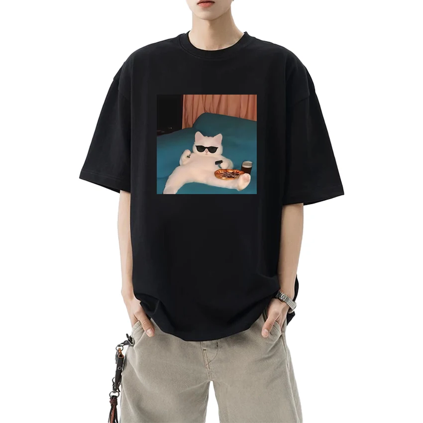 

Funny Humor Glasses Cat and Pizza Meme Graphics T shirt Men Women harajuku Tops Unisex Oversized Cotton short sleeve T-shirts