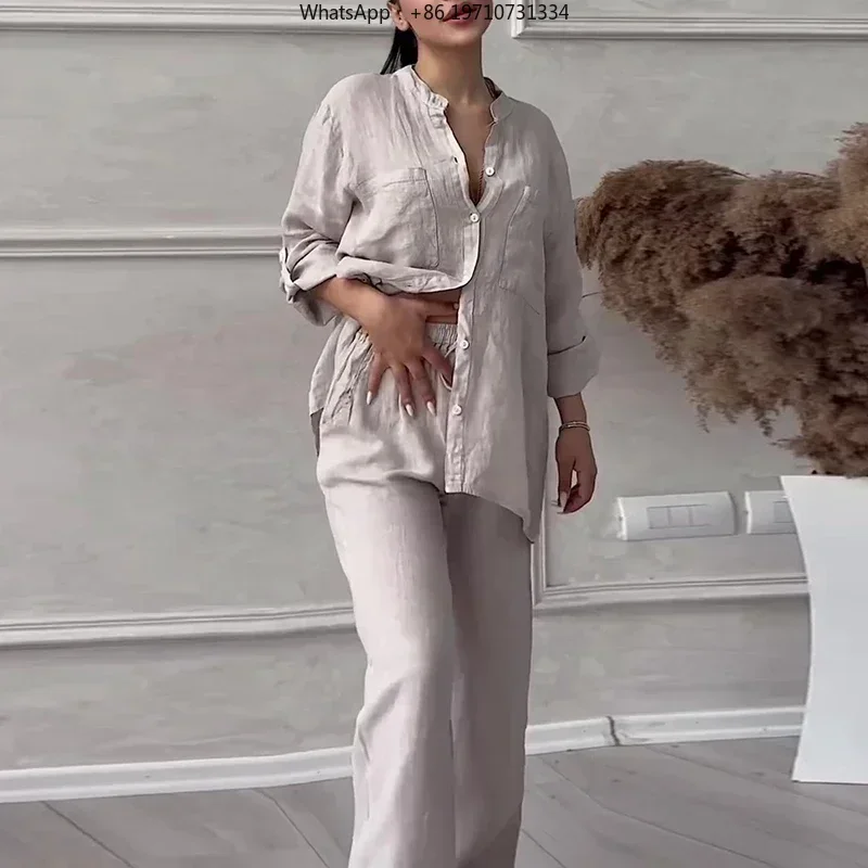 Women's Cotton Linen 2 Piece Set Stand Collar Button Top And Drawstring Pants Solid Color Summer Casual Outfit