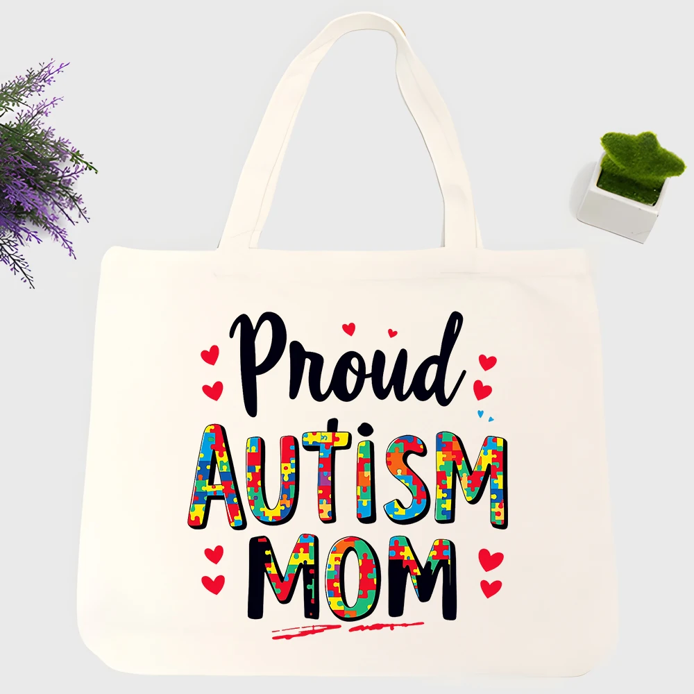 Women's autism awareness puzzle piece letter print canvas tote bag, casual style for daily use and community outings