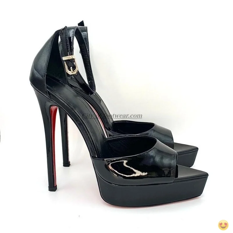 2026 Women's black/nude patent leather platform sandals pointy toe sexy ankle strap party heels gladiator luxury designer shoes view 4