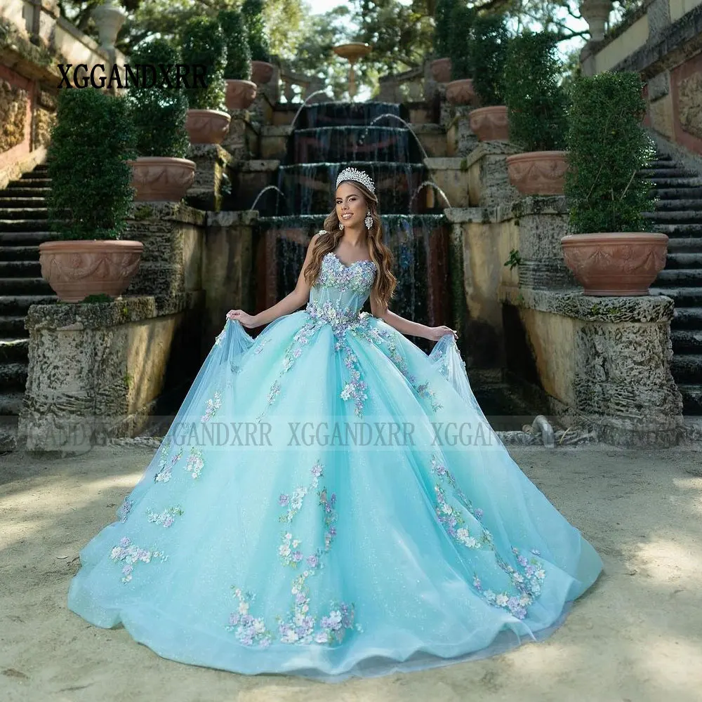 Elegante princesa doce vestido de baile, Flores 3D, Vestidos Quinceanera azuis, 16 vestidos senhorados, 15 anos, Primavera, 2022