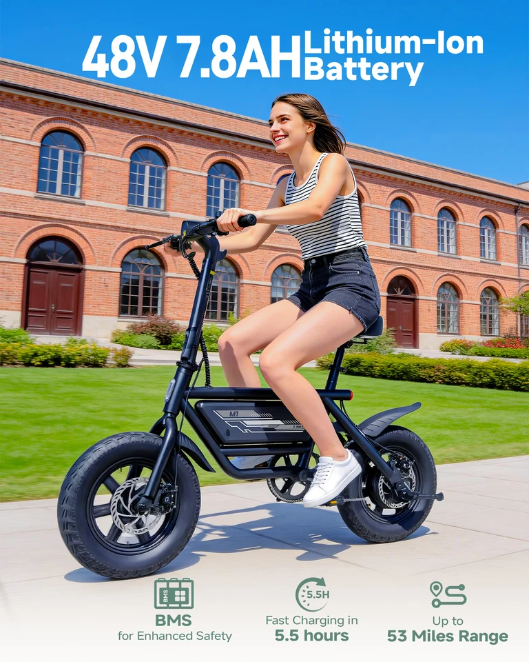 DYU M1 MINI 14x3.0 Fat Tire Folding Electric Bike 19.9MPH 20.5 Mile PAS Range 264LBS Load IP54 Urban Commuter E-Bike image 3