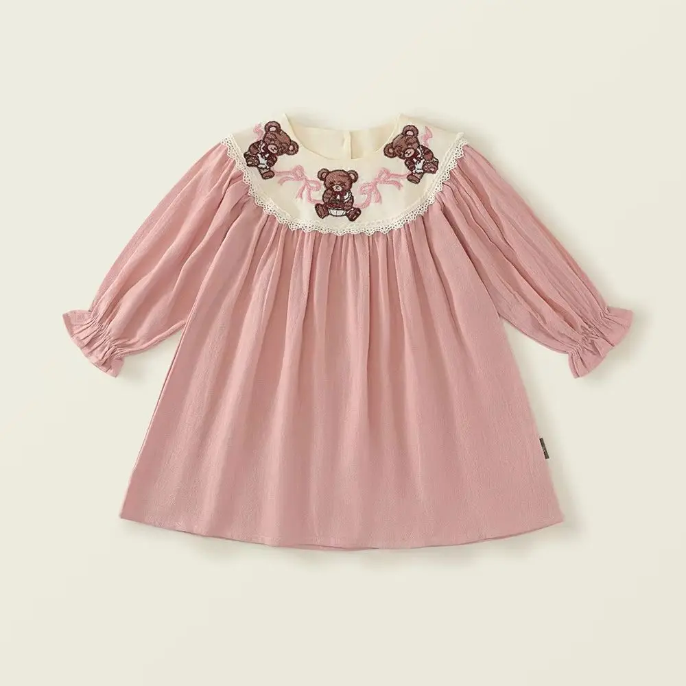 

2025 Baby Girl Clothing Spring Casual Dress Bear Embroidery Long Sleeve Kids Dress Korean Children'S Elegant Princess Dress 2-7Y