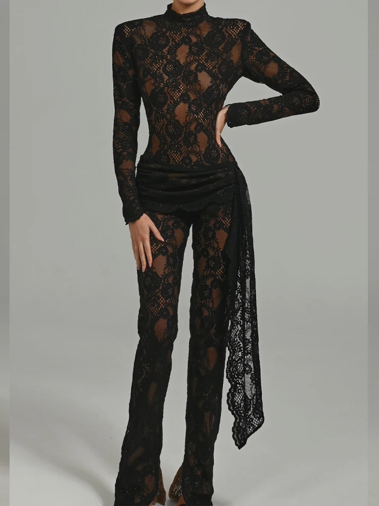 Elegant Black White Lace Bodysuit Jumpsuit with Flowing Details – Full Length and Sheer Design Bodycon Cocktail Parties Wear