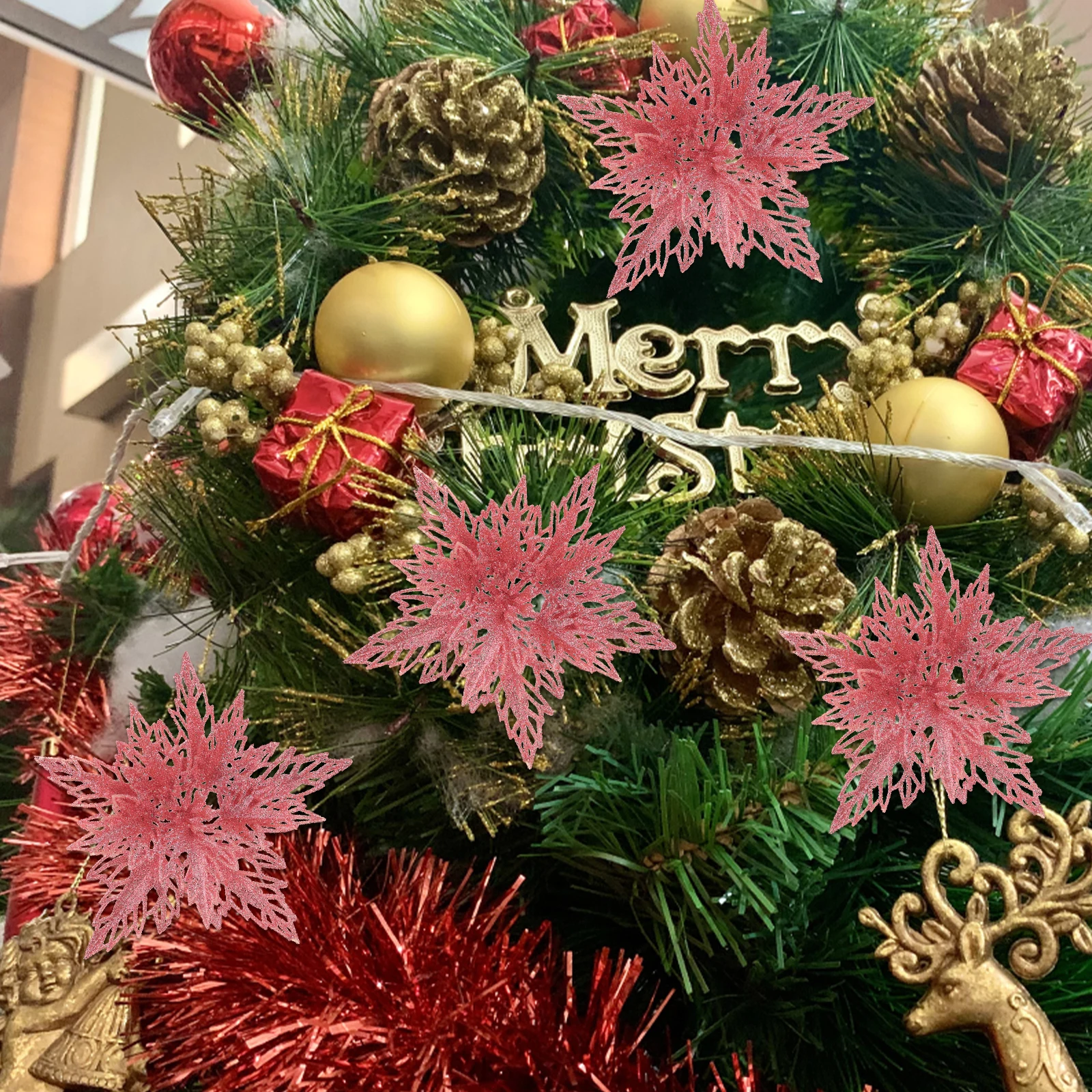 

10 Pcs Christmas Flower Ornaments Artificial Poinsettia Decorations Flowers Tree Flash