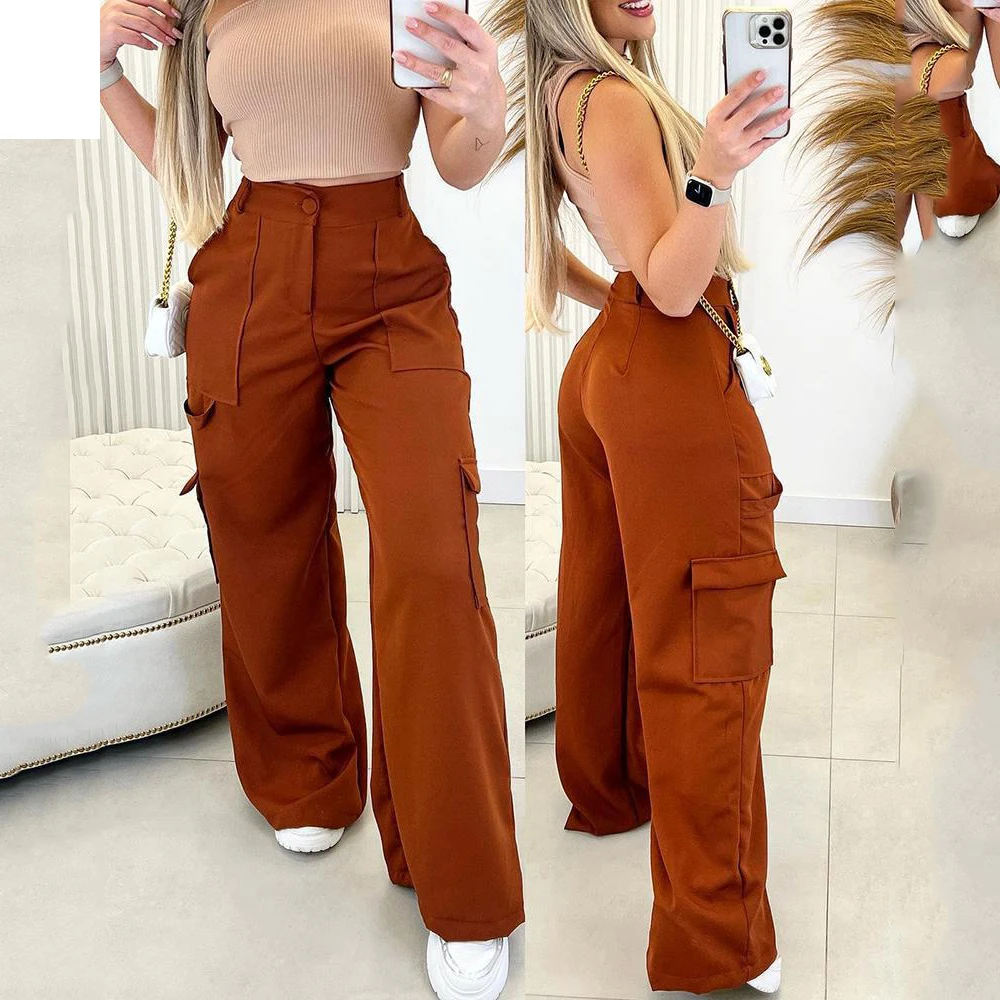 2023 New Women\'s Fashion Solid Pants Casual Patch Bag High Waist Wide Leg Green Workwear Pants