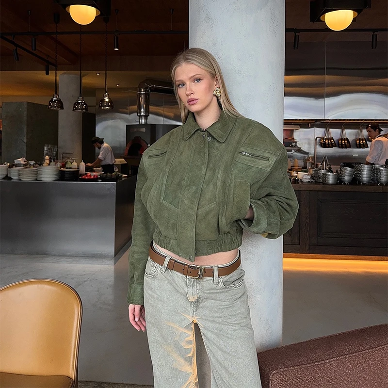 Vintage-Jacke aus massivem Kunstwildleder mit Reißverschluss für Damen, modisch, elastische Taille, Taschen, Reverskragen, locker geschnittener Mantel, Damen-Alltags-Street-Outfit. – Detail 20