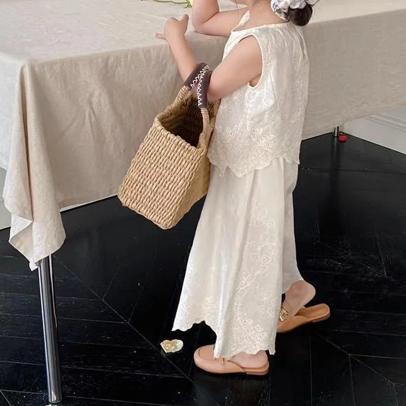 

Summer Sweet Cotton Lace Sleeveless Tops Wide Leg Pant Girl Clothes Sets Toddler Girl Clothes 2Pcs Outfits Sets