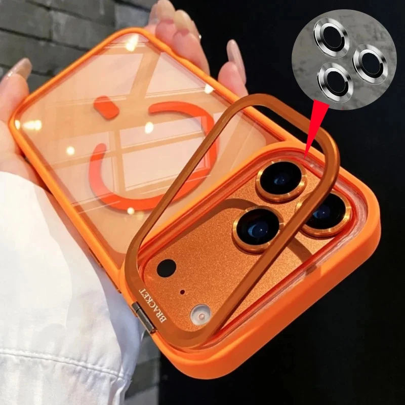 Phone Case: Luxury Transparent Magnetic Bracket Phone Case For iPhone 18 17 16 13 15 14 Pro Max Metal Lens Holder Clear Cover view 2