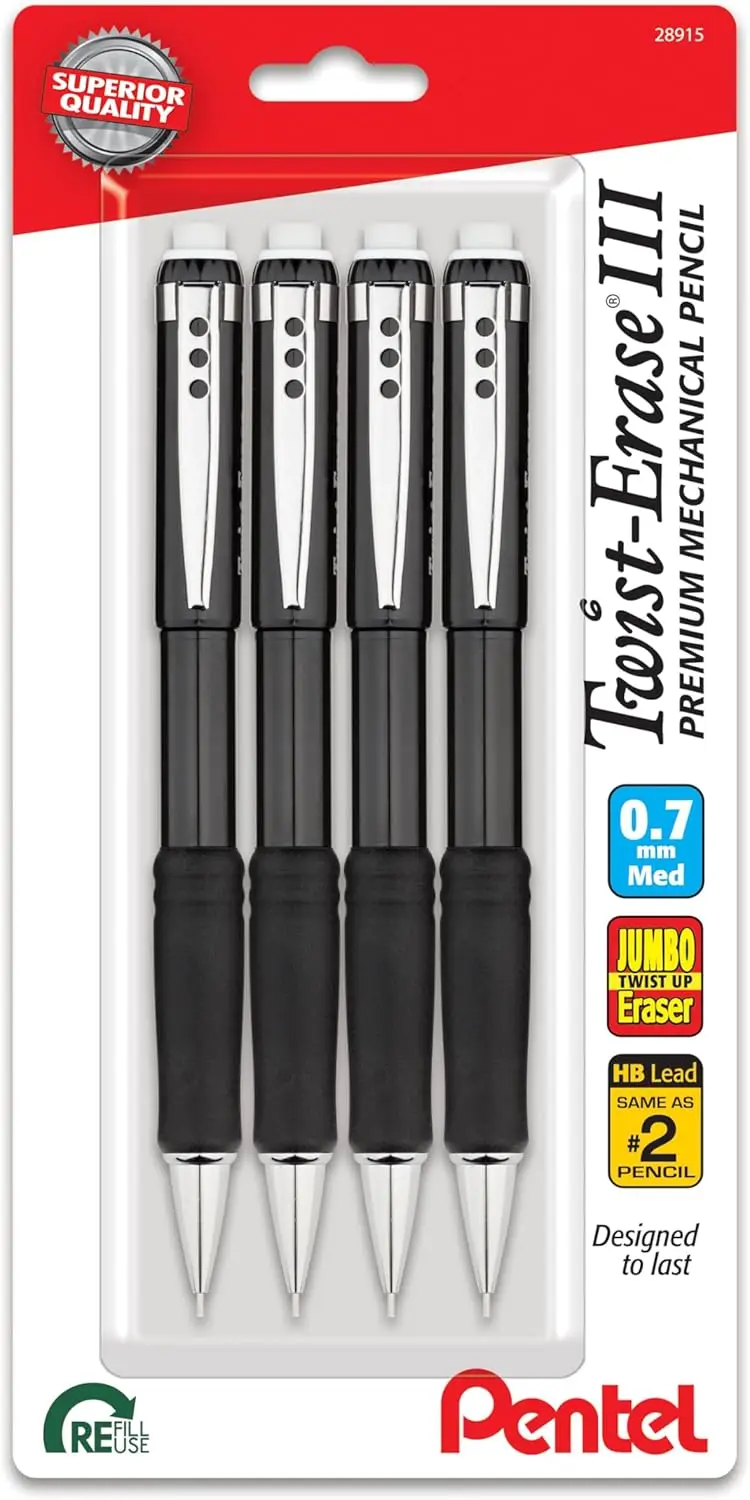 

Twist-Erase III Mechanical Pencil, 0.7mm Medium Line, Black Barrel, Pack of 4 - Smooth Writing & Eraser Convenience