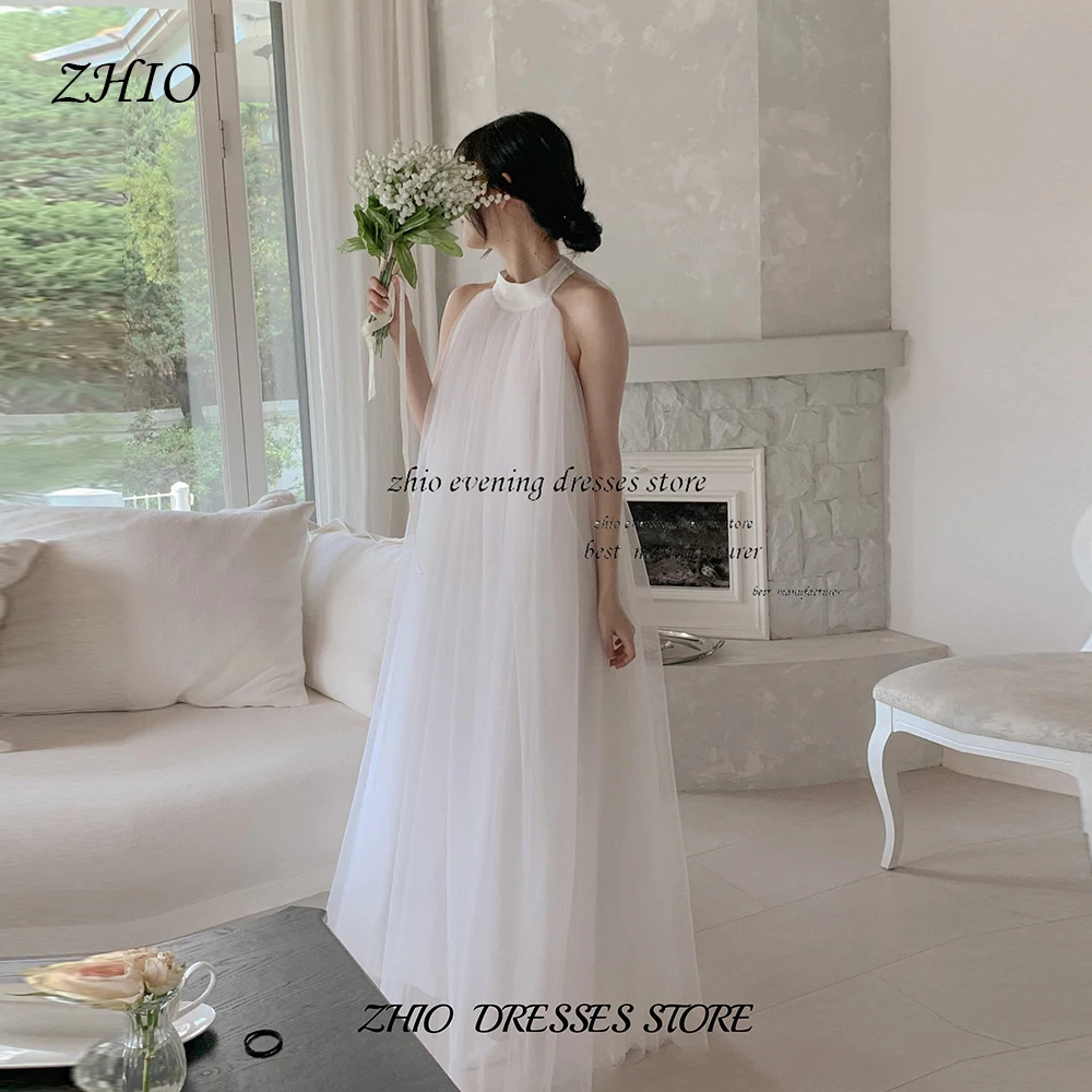 ZHIO White Tulle Fairy A-Line Elegant Korea Wedding Dresses Photo shoot High Neck Straight Bridal Gowns Customized 셀프웨딩