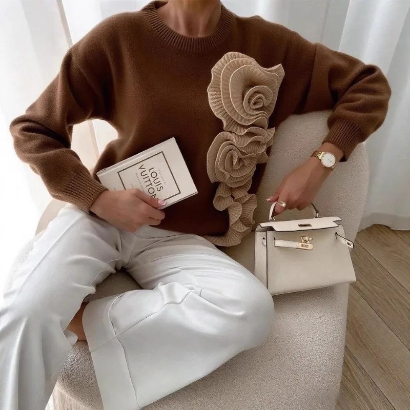 2025 herbst Winter Mode Neue frauen Elegante Gestrickte Kaschmir Pullover Dreidimensionale Blume Farbe Kontrast