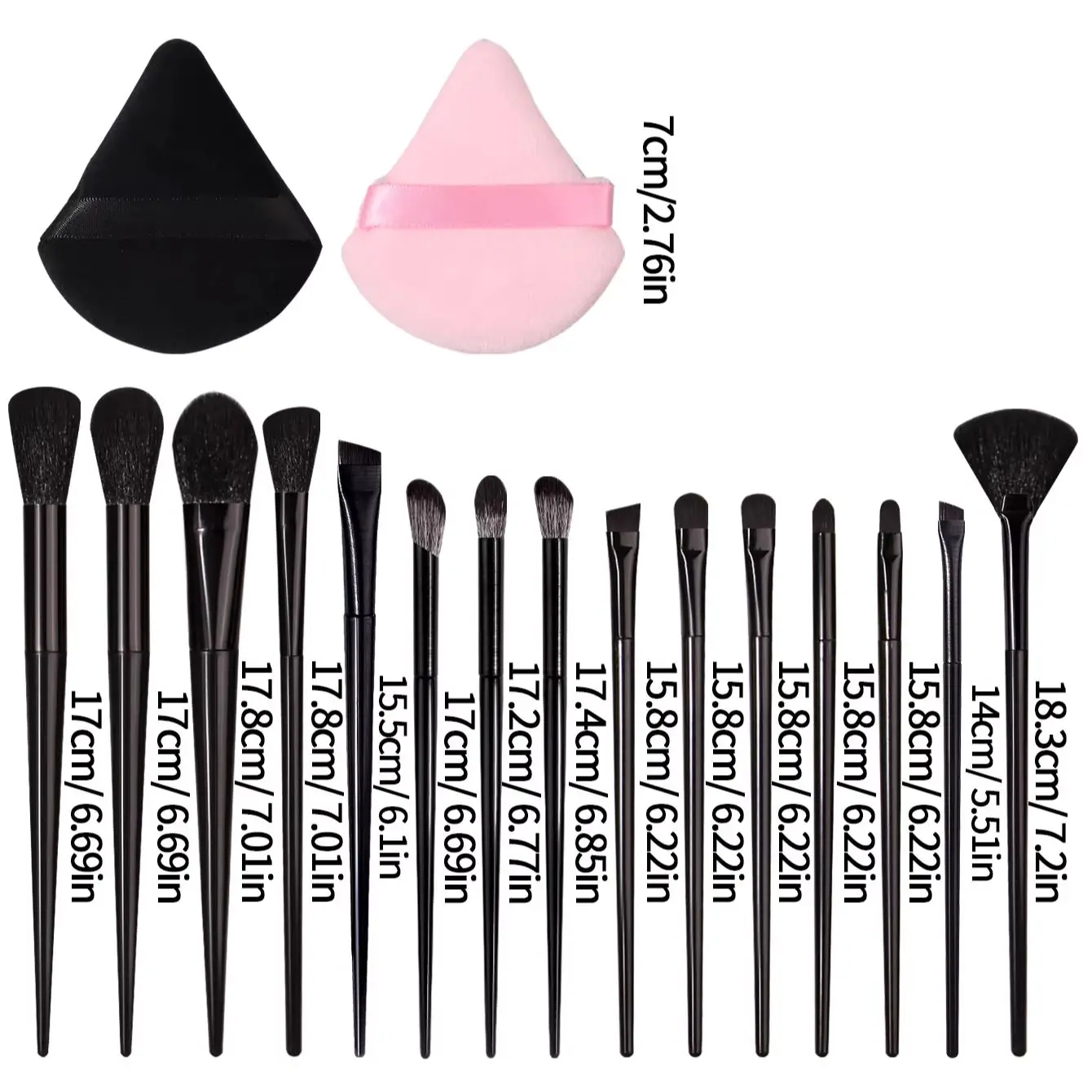 17PCS Full Face Eye Makeup Brush Kit, All Black Slim Long Handle Soft Synthetic Hair with Black & Pink Triangle Velour Finger Ma