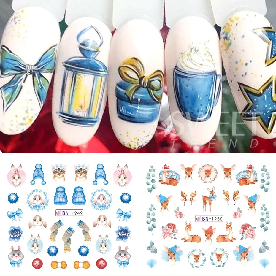 12pcs Cute Christmas Nail Stickers Cartoon Animal Design Penguin Bird Cat Dog Bear Nail Slider Water Decals Decoration Manicure