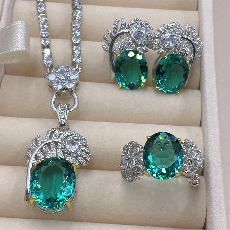 2026 New Simulation Colombian Emerald Pendant Ring Earrings Set - Ideal Anniversary Gift for Ladies - Jewelry