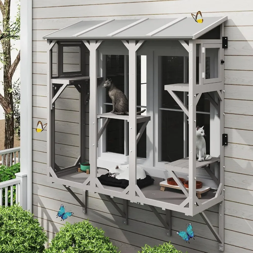 

Cat Catio, Expandable Window Box Enclosure for Multiple Indoor Cats, Comfortable Wooden Small Pet Perch House, All-Weather Use
