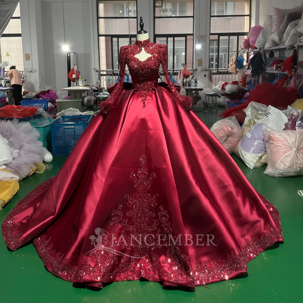Elegant Burgundy Ball Gown Customized Wedding Dress High Neck Keyhole Long Sleeves Beaded Satin Court Train robe de mariée