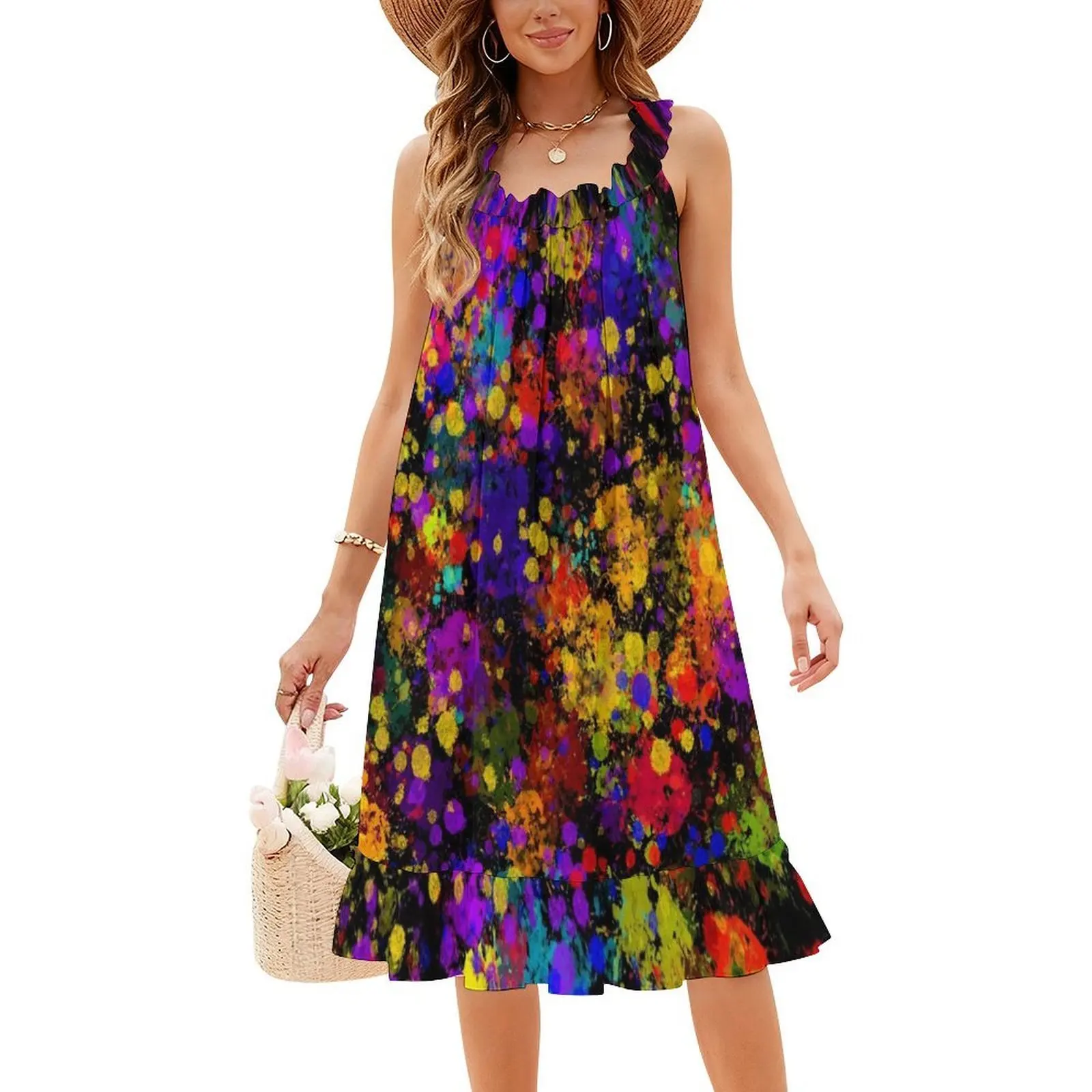رذاذ طلاء قوس قزح 1 [أسود] فستان عطلة مثير للنساء فستان قصير لحفلات الشاطئ وأعياد الميلاد أحمر برتقالي أصفر أخضر أزرق