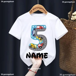 Custom name 5th Birthday Car Print Tshirt For Girls/Boys Funny Tractor White/Yellow T Shirt Kawaii Kids Clothes Summer T-Shirt