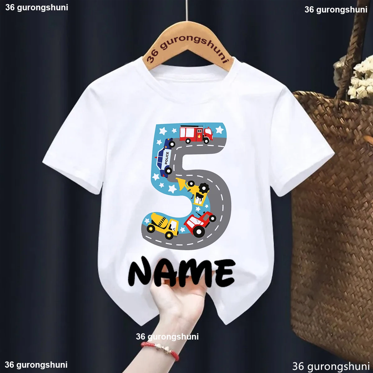 Custom name 5th Birthday Car Print Tshirt For Girls/Boys Funny Tractor White/Yellow T Shirt Kawaii Kids Clothes Summer T-Shirt