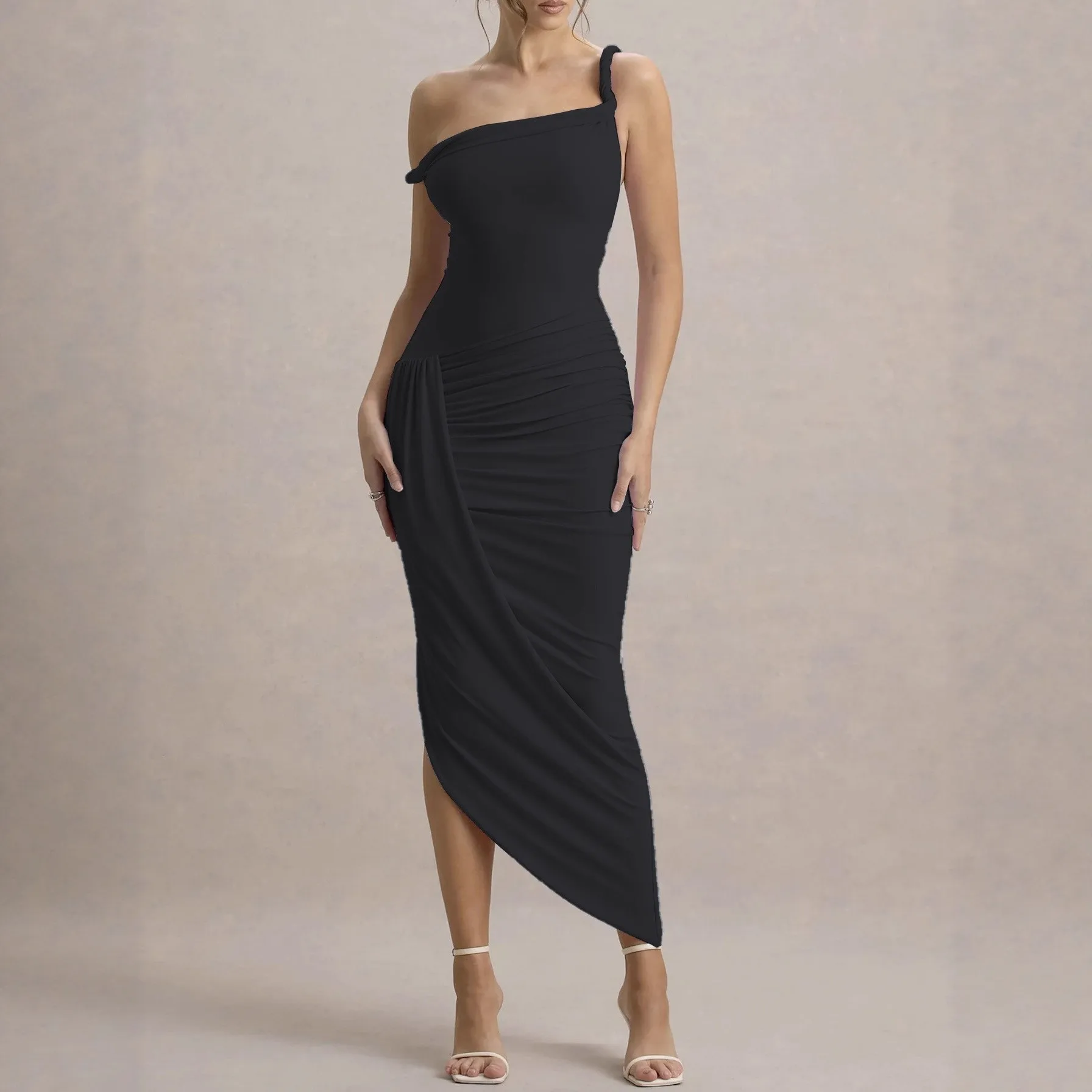 

Hot Selling Slanted Collar Camisole Women's Dress with Sexy Pleats, Slim Fit, Irregular Hem, Long Skirt