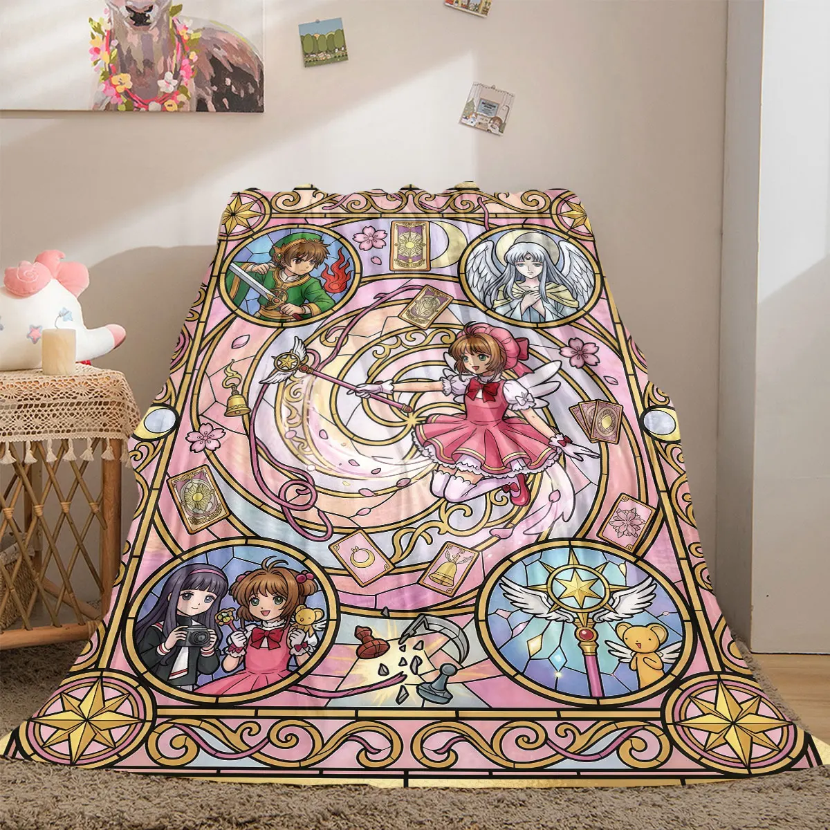 Cardcaptor Sakura Bold 2D Print Flannel Blanket, Cartoon Pattern for Bed, Cozy Travel Picnic Essentials Blanket_LIAN