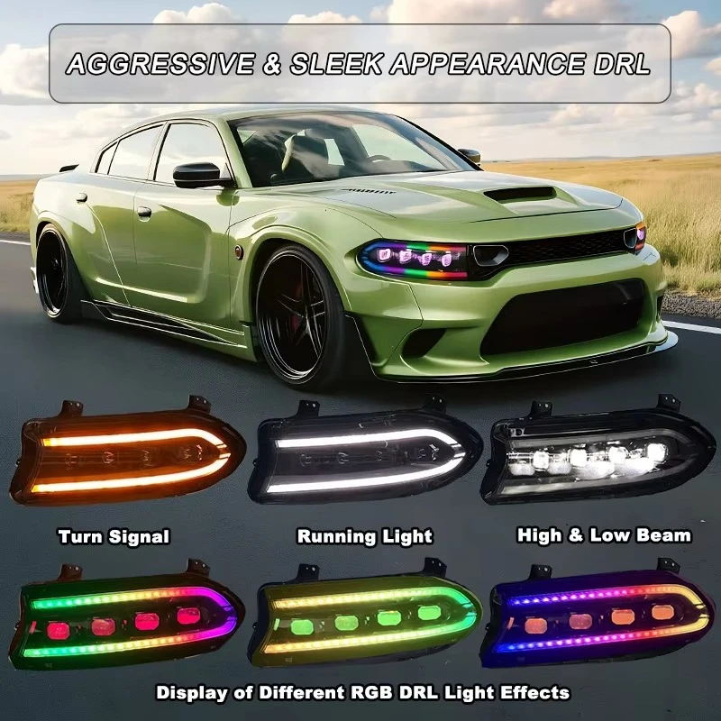 SINDAR Full Color RGB Animated Headlight Quad Lens DRL Assembly for Dodge Charger SRT HellCat 2015-2021 Facelift 7th Generation
