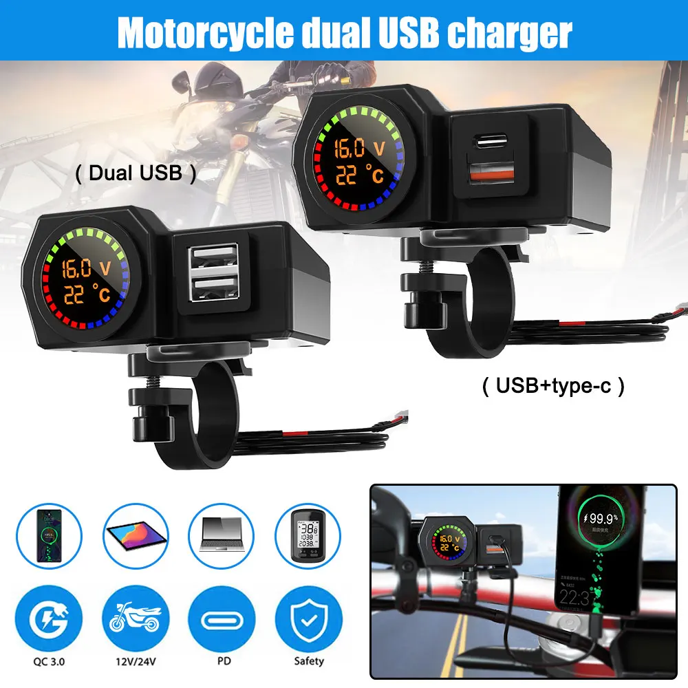 

12-24V QC3.0 Motorcycle Dual USB Charger Type C Port Quick Charger W/Color Screen Starting Device Voltage Temperature Waterproof