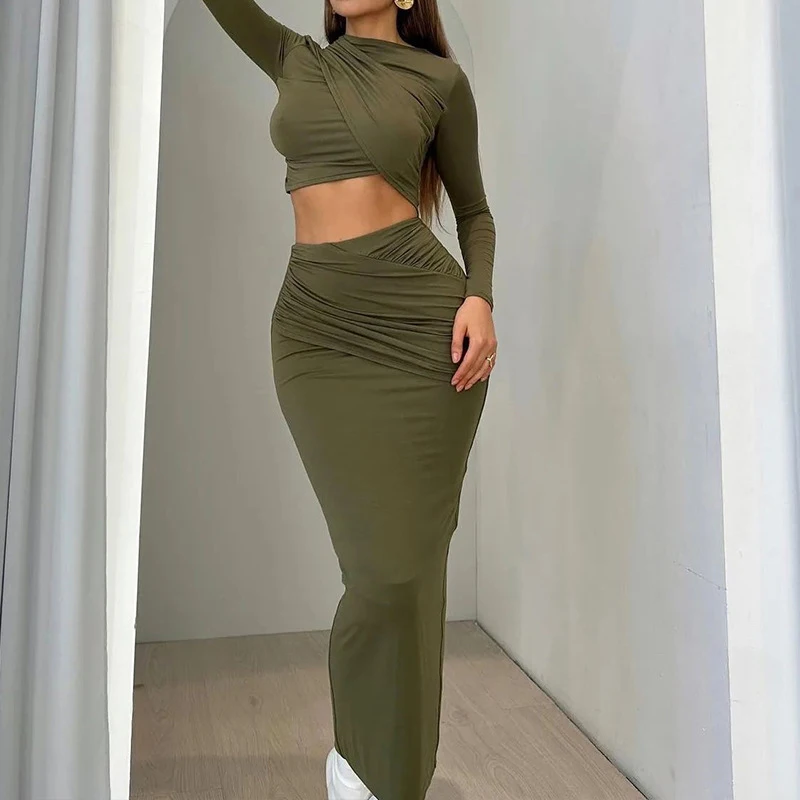 OMSJ Round Neck Irregular Cross Pleated Long-sleeved Crop Tops+Tight Wrap Mid-length Skirts Sexy Casual Two-piece Street Outftis