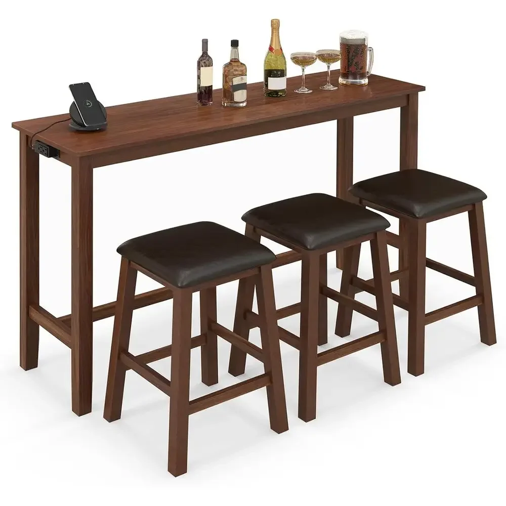 

4-Piece Counter Height Dining Set with 3 Upholstered Stools, Power Outlet, Ideal for Small Spaces