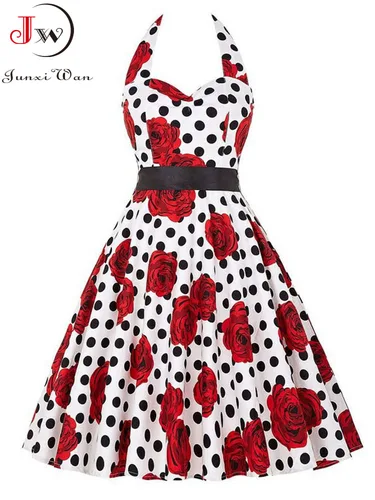 Imagen 2 del producto Vestido Vintage de lunares para mujer, túnica Rockabilly con cuello Halter, ropa de fiesta de oficina, moda de verano, 50s, 60s