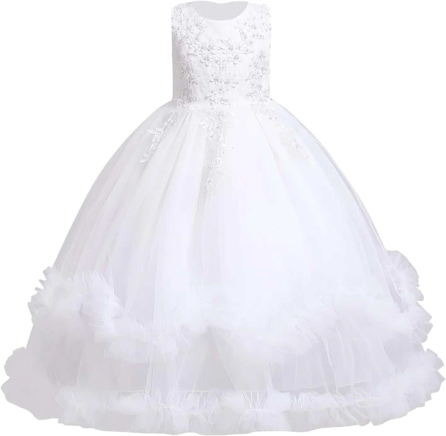 ノースリーブサテンレース刺繍誕生日パーティーダンスドレス、ゴージャスな聖餐式ドレス、花刺繍フリルフラワーガールドレス